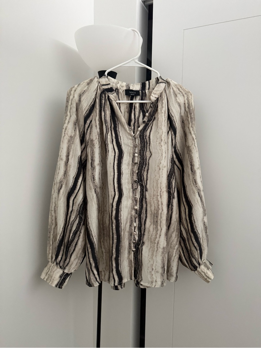 Vici Neutral Striped Button-Up Blouse in Beige and Black